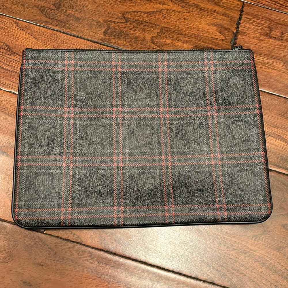 Coach large pouch black and red signature plaid